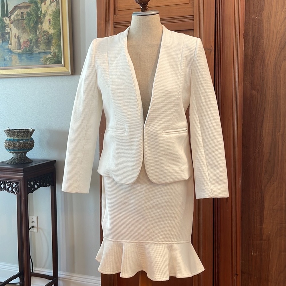 Cream Textured Open-Front Blazer & Peplum Skirt Suit